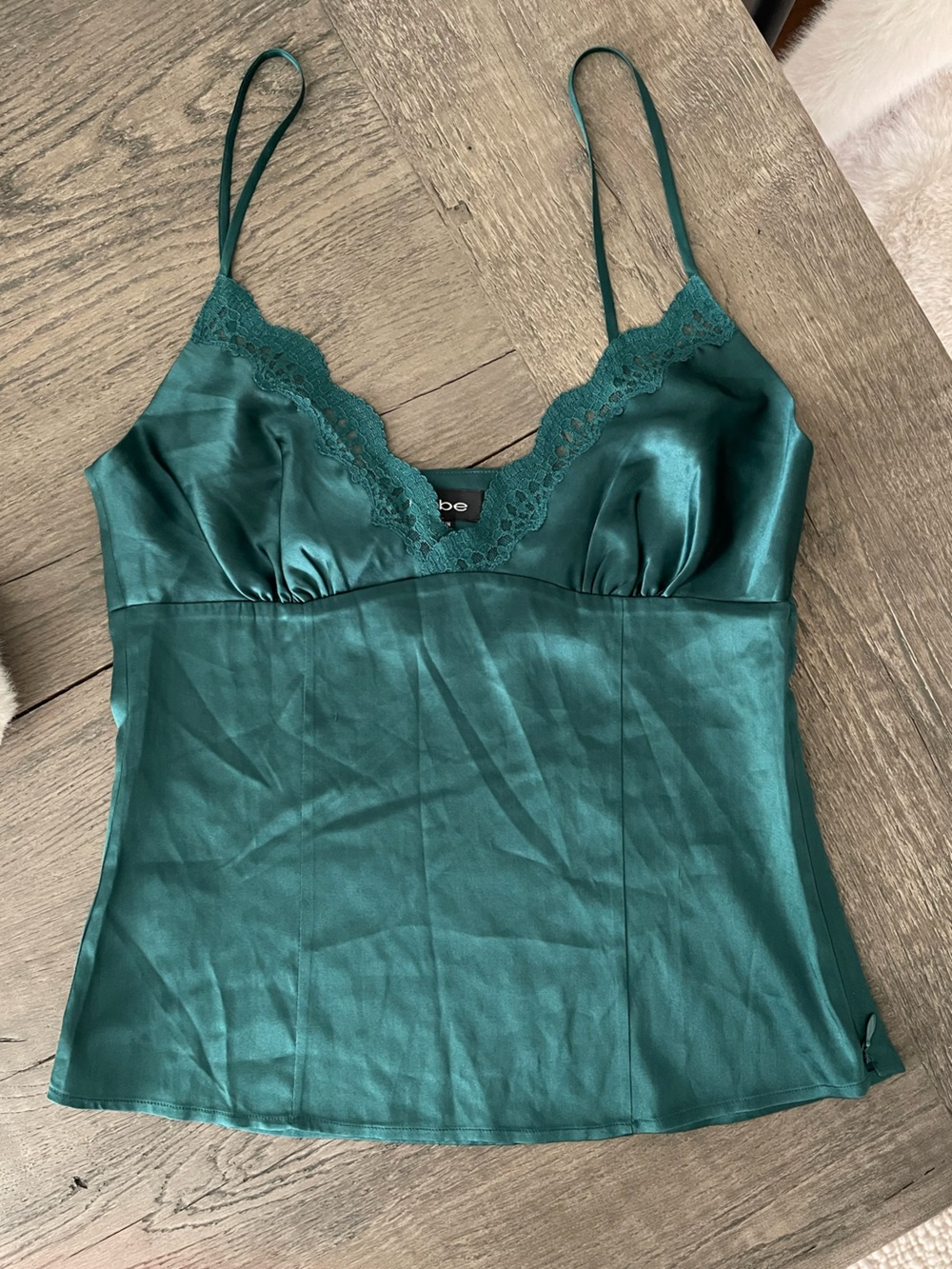Y2K Vintage Bebe Emerald Green Silk Lace Trimmed Camisole  Top M DEADSTOCK